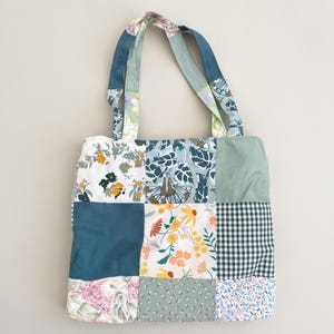 Green Patchwork Tote Bag, Handmade Fabric Shoulder Bag, Boho Botanical Design, Reusable Market Bag