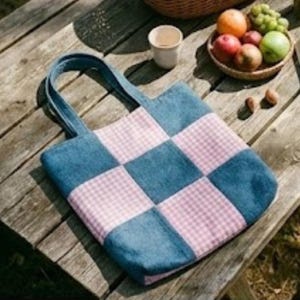 Pode incluir: Uma sacola de ganga azul com um design de patchwork. A sacola apresenta quadrados alternados de ganga e tecido rosa xadrez. A sacola tem duas alças de ganga e está sobre uma superfície de madeira.