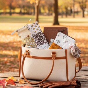 3-delige patchworkset | Duurzame patchworktas, scrunchie en make-uptashouder, Boho Chic Bruin afbeelding 3