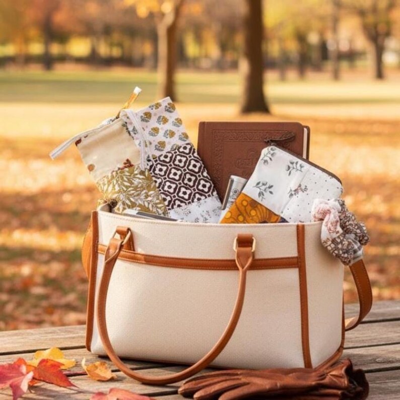 3-delige patchworkset | Duurzame patchworktas, scrunchie en make-uptashouder, Boho Chic Bruin afbeelding 3