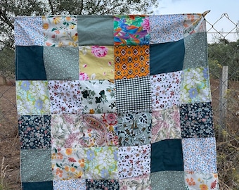 Linda manta feita a mão geométrica patchwork retalhos verde multicolor. Presente amante natureza+ oferta grátis de scrunchie a condizer