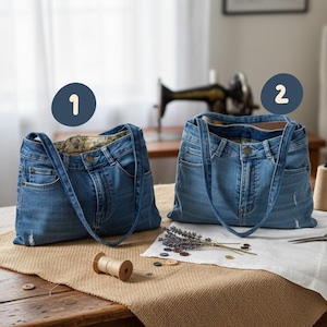 Könnte beinhalten: Zwei Denim-Tragetaschen aus recycelten Jeans liegen auf einem Holztisch. Die Taschen weisen die ursprünglichen Taschen und Nähte der Jeans auf, mit langen Trägern. Eine Tasche hat ein gemustertes Futter. Knöpfe, Lavendel und Nähutensilien sind verstreut.