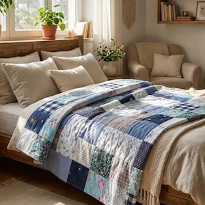 Könnte beinhalten: Eine Patchwork-Quilt in Blau-, Weiß- und Beigetönen bedeckt ein Bett mit beigefarbenen Kissen. Der Quilt weist verschiedene Muster auf, darunter Blumen-, Vichy- und Streifendesigns. Das Bett ist aus Holz und befindet sich in einem gut beleuchteten Schlafzimmer.