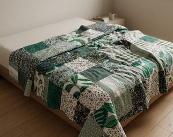 Green patchwork blanket from Nature Love Cottagecore, handmade rustic textile for picnics and decoration + free matching scrunchie.