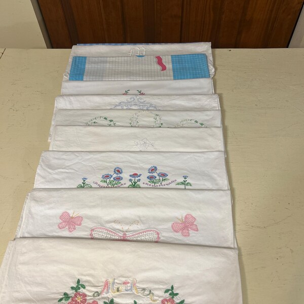 Vintage Pillowcase Lot - 10 Single Assorted Embroidered & Trimmed Cotton Pillowcases