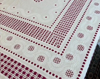 Vintage Red White Tablecloth 50x62 Geometric Floral Print Mid Century Cotton Kitchen Dining Farmhouse