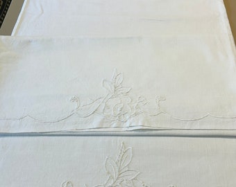 Vintage Embroidered Pillowcase Set Measures 19 ” x  35” Extra Long Cases Sturdy Cotton