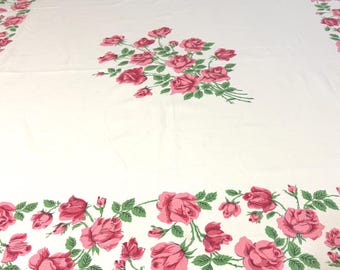Vintage Pink Rose Tablecloth 44" Square Cottagecore Floral Tablecloth Romantic Cottage Farmhouse Decor Shabby Chic Roses