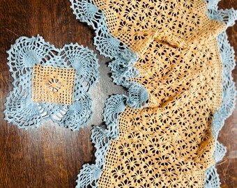 Blue and Yellow Hand Crocheted Runner 16" X 40" and Matching Doily 8" Square