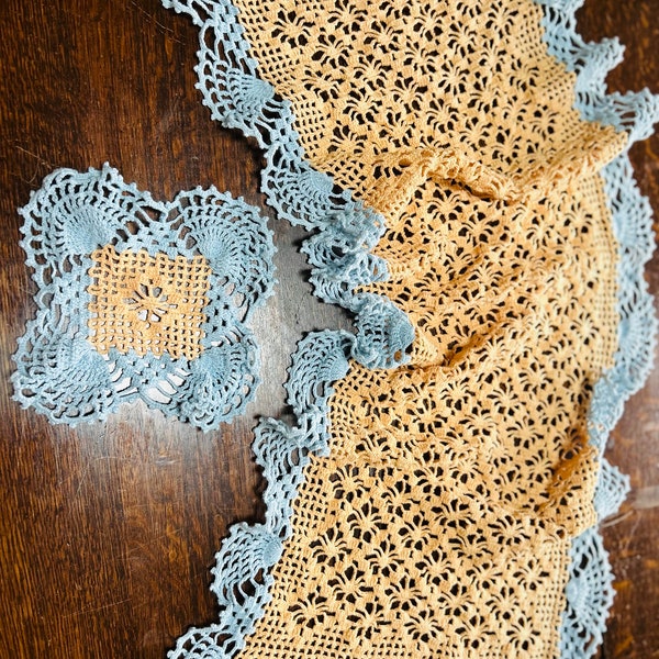 Matching Set Blue and Yellow Hand Crocheted Runner 16" X 40" and Matching Doily 8" Square