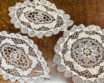 Three Machine Lace Doilies with Butterflies Two Beige, Round 13" Oblong 10" X 14", White Oblong 10" X 16" Great to display or as Adornments