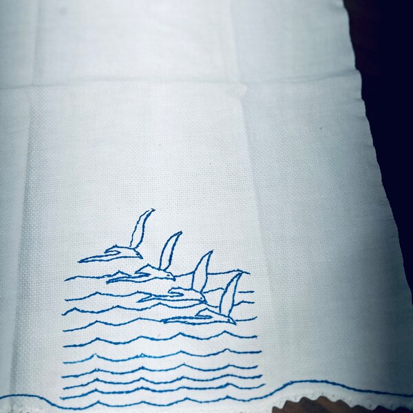 Sea Gull Huck Towel Blue Embroidery Seaside Decor 15" X 20"