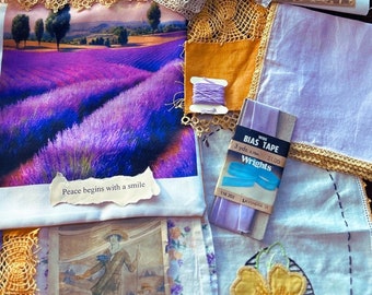 Fabric Bundle Slow Stitch Kit Mindful Mending Junk Journal Craft Bundle in Coordinated Fabric Bag Ready To Go With You in Lavender and Gold