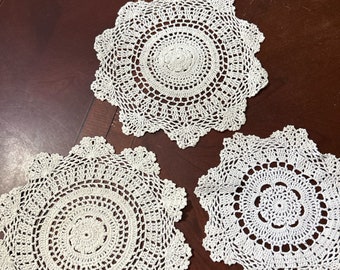Three Hand Crocheted Doilies Round White in Same Design in Two Sizes