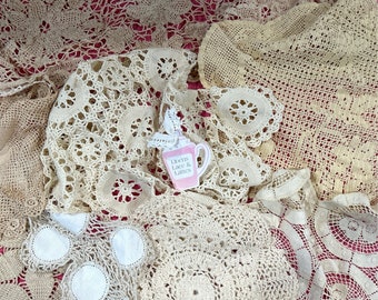 Cutter Lot of 10 Crochet and Needlework Beige Dollies, Runners, Lace Pieces,  Various Shapes and Sizes Minor Issues INV2023