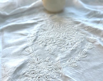 Intricate Embroidery and Cutwork White Tablecloth Linen Measuring 66" X 68"  Formal Dining Table Cover