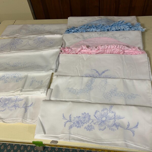 Vintage Pillowcase Lot: 20 Cotton Cases, Blue Stamped Embroidery