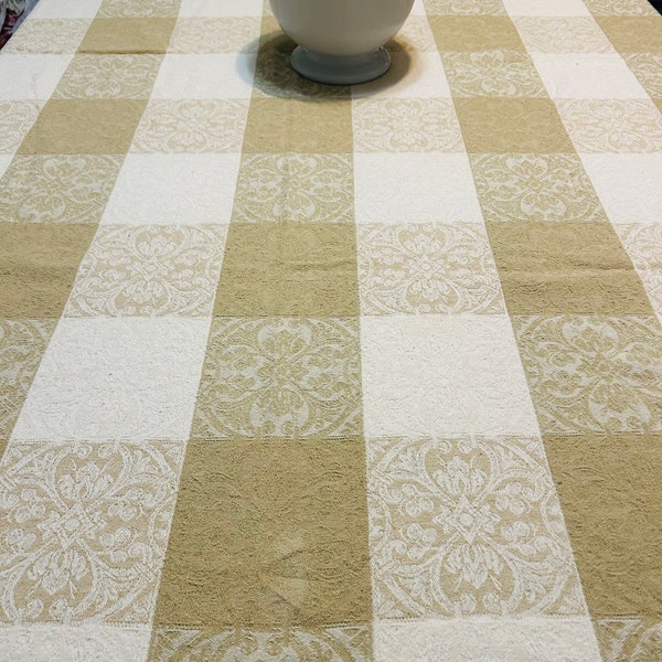 Textured Woven Cotton Tablecloth in Alternating Blocks of Brown Rectangle 52" X 74"