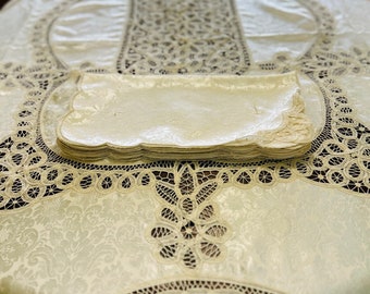 Extra Large White Polyester Tablecloth & 18 Napkins in Damask Pattern with Tape Lace Center and Edges Rectangle 70” x 144”, Napkins 16”