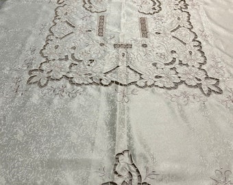 Polyester Damask Tablecloth Beige with Ecru Embroidery Florals and Cutwork Rectangle 50" X 68"