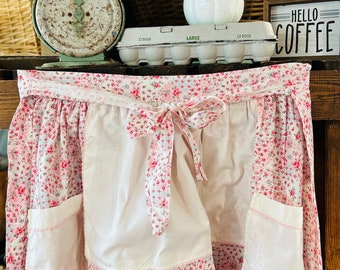 Cottagecore Apron Pink Petite Flowers with Large White Patch Pockets and a Touch of Blue and Tiny Rick Rac