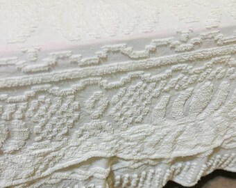 Vintage White Chenille Bedspread Full Size Ruffle Skirt Measures 92” wide 104” Long