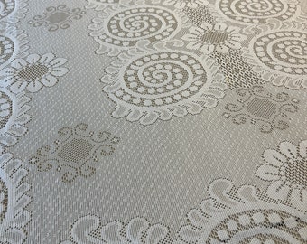 Lace Easy Care Tablecloth, White Measuring 60” X 82", Geometric Design