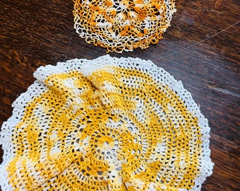 Hand Crocheted Lot of 6 Gold and White Doilies