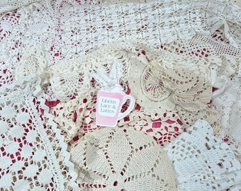 Cutter Lot of 20 Crochet Doilies, lace  White and Beige Various Shapes and Sizes Some Lace Edging Cut From Tablecloths -Minor Issues INV2022