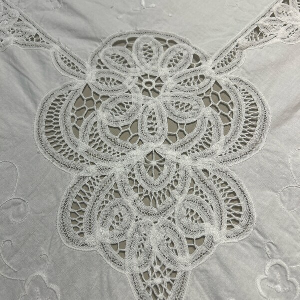 Vintage White Battenburg Lace and White on White Embroidery Tablecloth Measures 66" x 82"