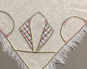 Vintage Beige Tablecloth 28” Square with Fabric Applique Red Brown Embroidery and Fringe