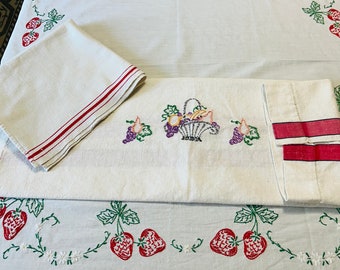 Vintage Summer Red White Textile Bundle Includes Strawberry Embroidered Tablecloth and Two Complimentary Design Towels