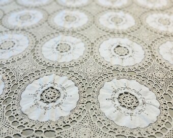 Vintage Tablecloth Beige Crochet with Cotton Inserts and Ecru Embroidery Rectangle Measuring 62” x 80”