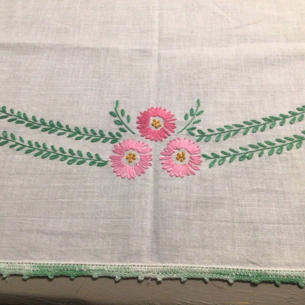 Square 33" Vintage Tablecloth Cotton Embroidered with Delicate Pink Florals and Green Leaves Edged with Green Crocheted Trim INV100239