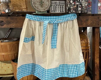Handmade Vintage Half Apron Flour Sack with Blue White Gingham Accents
