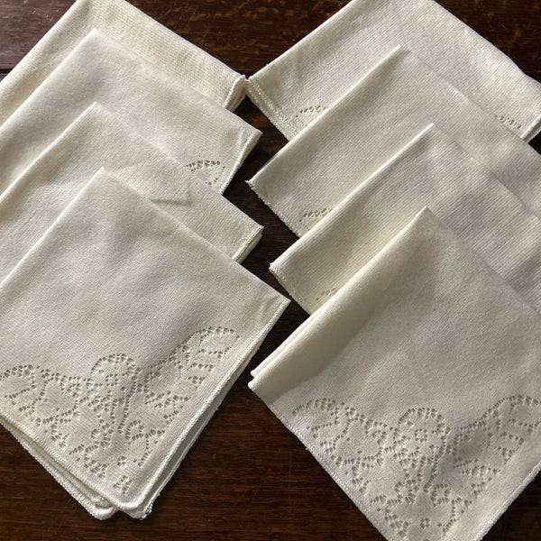 Set of 8 Poly/Cotton Napkins in Light Beige with Cutout Floral Design Measures 16" Square Never Used