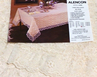 Alencon Lace Tablecloth New Old Stock In Package Round 62" Diameter with Liner Polyester