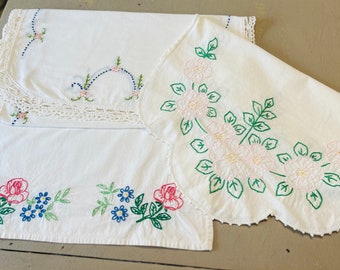 Pink Flowered Runner Bundle Vintage Hand Embroidery on Three White Cotton Runners