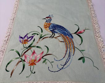 Vintage Mint Green Embroidered Peacock Table Runner Lace Trim Linen Runner Bird & Floral Embroidery Cottagecore Farmhouse Decor 17" x 50"
