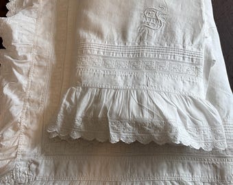 Pair of Antique Monogrammed Linen Top Sheets with Button-On Ruffles, 60 x 100