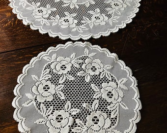 Two Heritage Lace Round Doilies Doily Rose Pattern White 19” and 28" Diameter