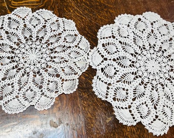 Two Doilies Round Measures 15” and 16” White Doily Handmade