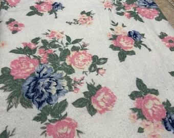 Large Vintage Blanket Pink Blue Roses on White Background Measures 88" X 100"