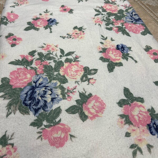 Large Vintage Blanket Pink Blue Roses on White Background Measures 88" X 100"