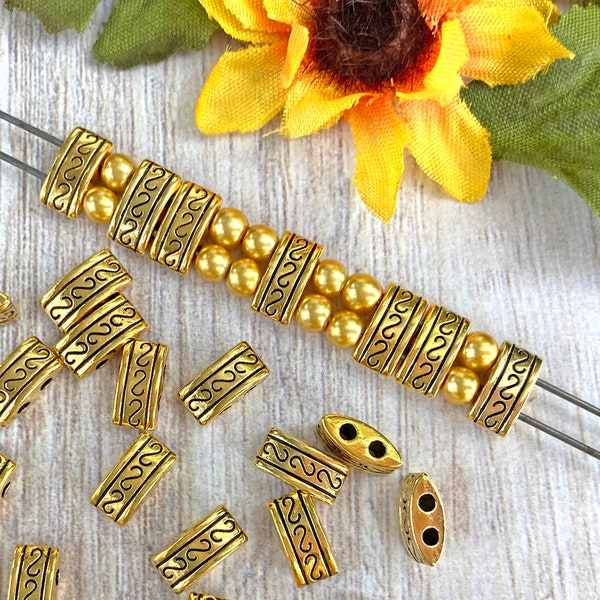 Rectangle Spacer Beads, 2-Hole, Shiny Antique Gold Plated, About 10mm x 5mm with 1.75mm holes | 317R
