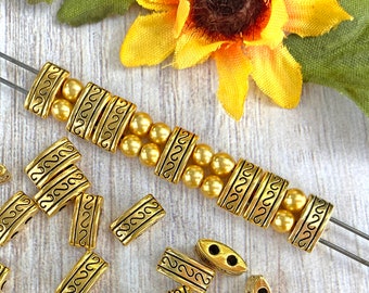 Rectangle Spacer Beads, 2-Hole, Shiny Antique Gold Plated, About 10mm x 5mm with 1.75mm holes | 317R