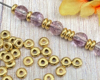 5mm Brass Heishi, Small Simple Flat Round Gold Polished Spacer Beads, About 5mm x 2mm, with a 2mm Hole - 117R