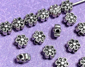 Small Chunky Flower Beads, Antique Silver Plated, About 6.5mm x 4mm with 1.5mm Hole - 404R