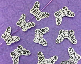 Scroll Wing Butterfly Beads, Antique Silver Plated, Double Sided, About 10mm x 15mm with a 1.25mm Hole - 104R