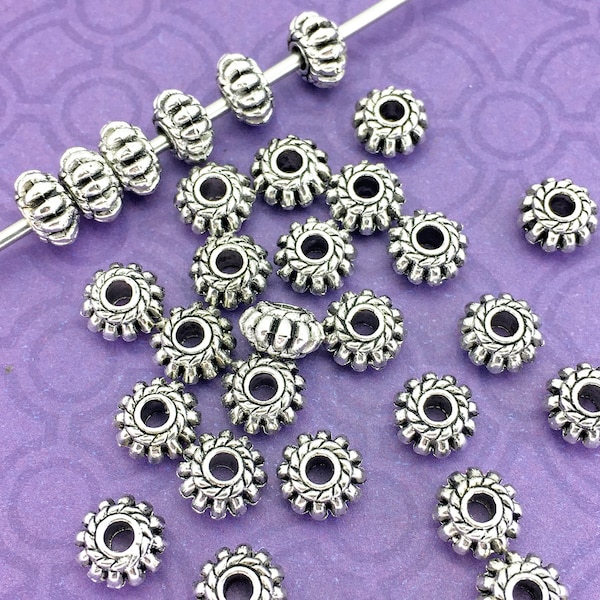 Big Hole Rondelle Beads, Antique Silver Plated, about 4mm x 8mm with a 2.5mm Stringing Hole - 957B